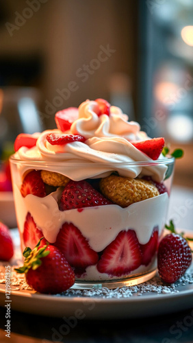  strawberry shortcake parfaits.Layers of strawberries, cake, and whipped cream
