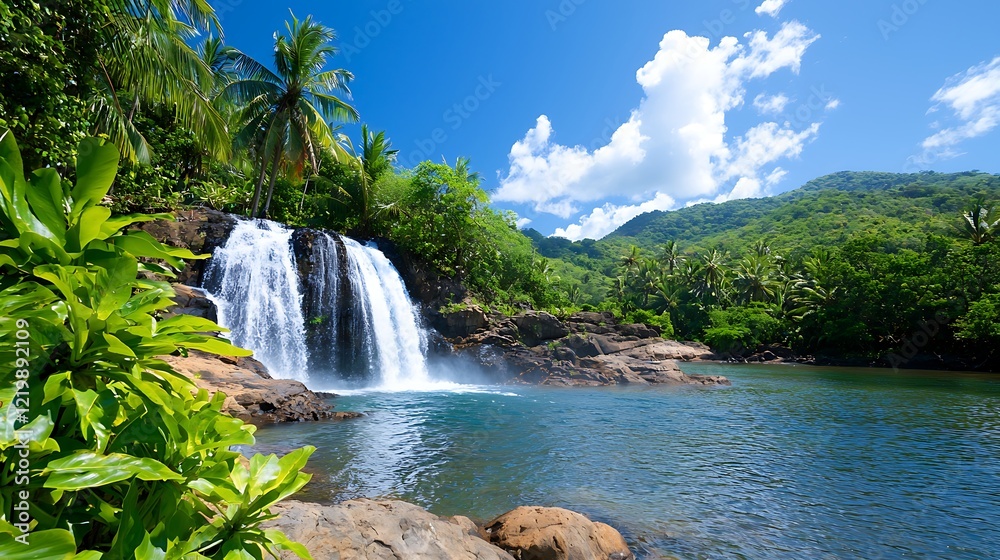 Fototapeta premium Serene Tropical Waterfall Cascading into a Tranquil Pool