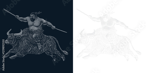 Powerful warrior riding a bull while holding spears: polynesian or micronesian style illustration with transparent background photo