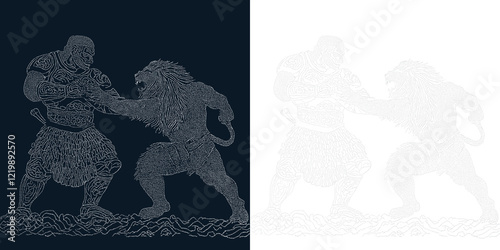 Stipple engraved illustration of hercules fighting the nemean lion, isolated on dark blue and transparent background photo