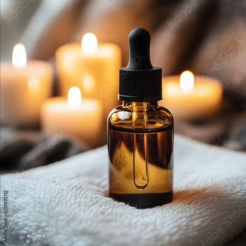 close up of a bottle of serum straight on lying on top of a fresh white towel self care candles in background studio shot 35mm photoreal photo