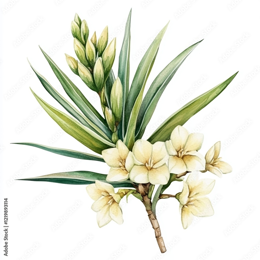 Obraz premium Watercolor Yucca flower on white background,floral concept, perfect for Valentine's Day,Mother's Day,Easter,Wedding Day,Anniversaries
