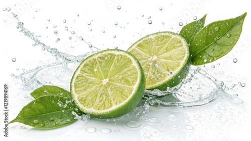 Refreshing Lime Splash Two Halves, Water Droplets, Leaves, High-Res Image, vibrant, citrus, juicy Lime