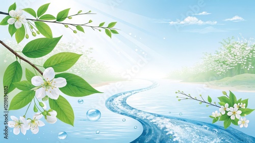 Serene Spring River Floral Composition, Water Detail, Nature Concept, Blossom, Landscape Keywords Spring, Nature