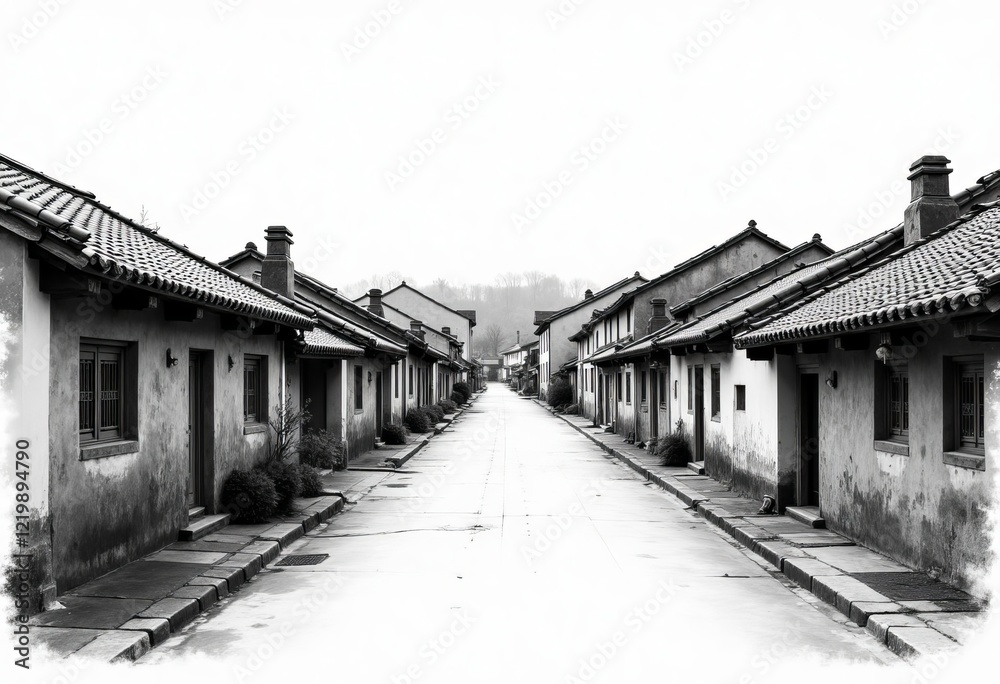 Black and white street with repeating buildings and chimneys Black and white street with repeating buildings and chimneys