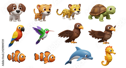 Animals, birds and fish. 3d render cartoon icon set photo