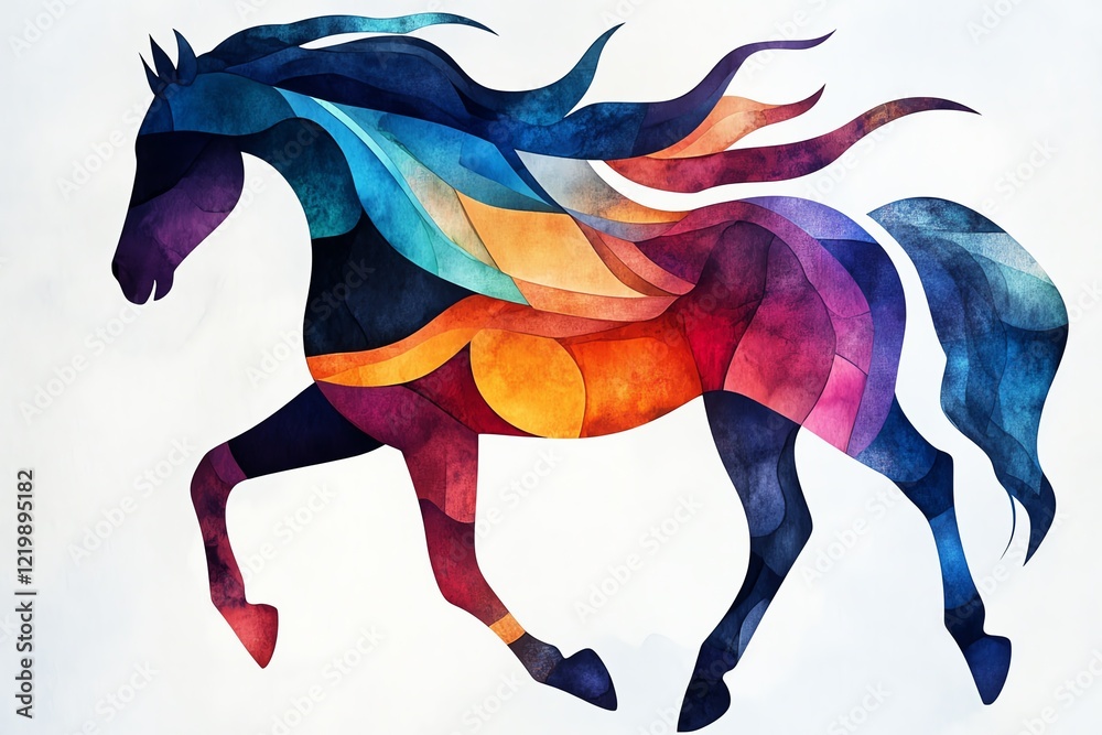 Obraz premium A vibrant, colorful illustration of a horse in motion, showcasing artistic flair and dynamic design.