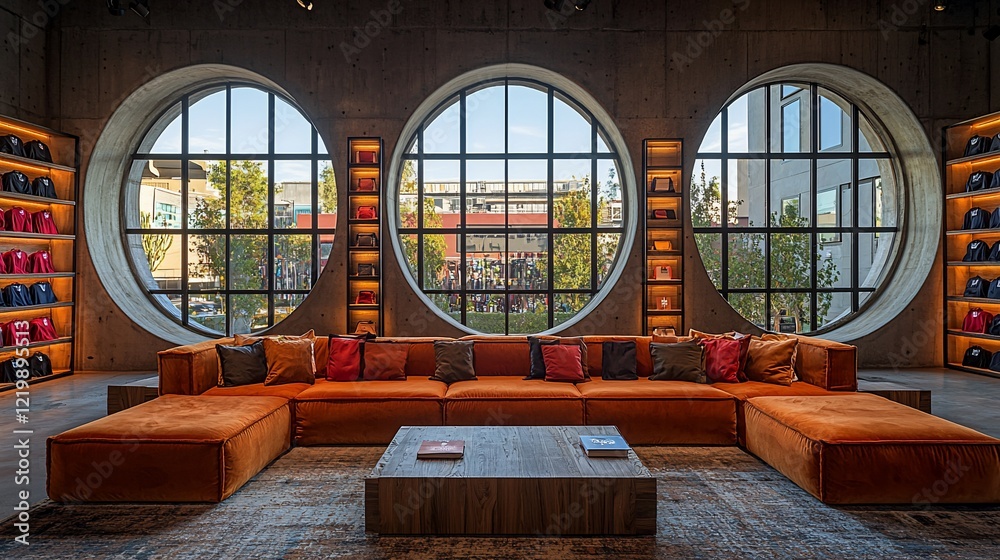Fototapeta premium Modern interior design with large round windows, comfortable seating, and a coffee table in a spacious room.
