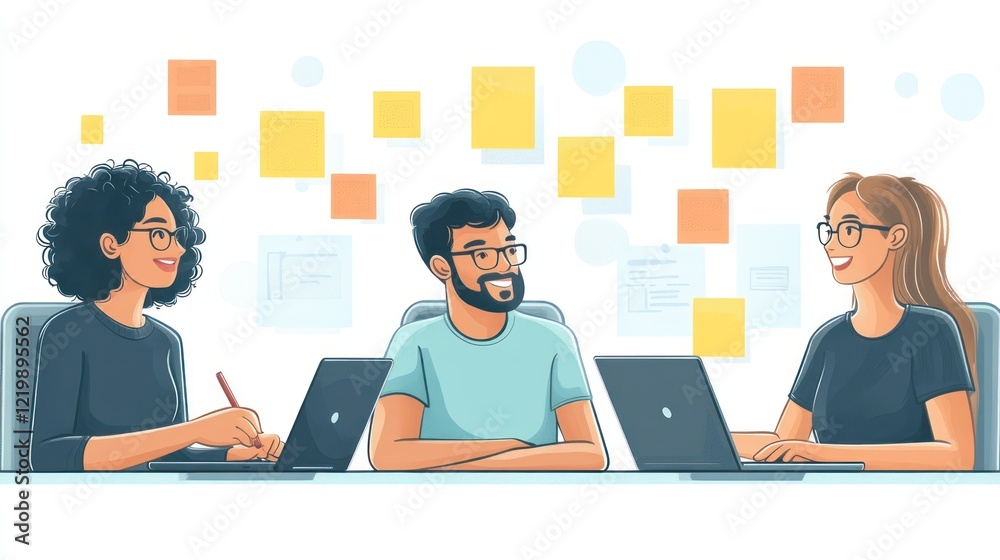 Three colleagues collaborate, laptops, sticky notes. Three colleagues collaborate, laptops, sticky notes.