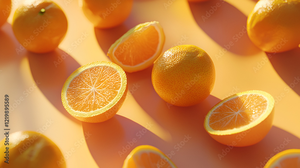 Sunlit oranges and orange slices arranged on a peach-colored background. Vibrant citrus fruit photography. Sunlit oranges and orange slices arranged on a peach-colored background. Vibrant citrus fruit photography.