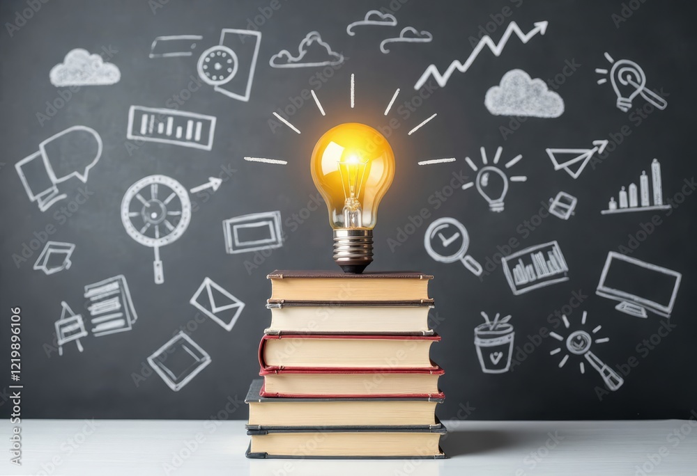 Glowing lightbulb on stacked books with chalkboard background Glowing lightbulb on stacked books with chalkboard background
