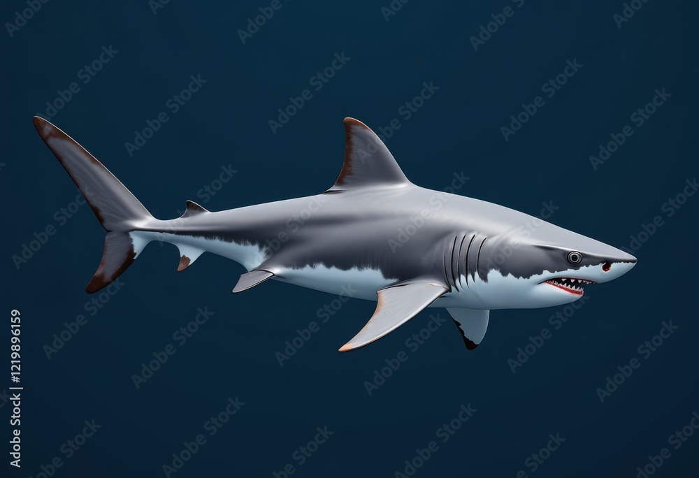 Obraz premium Gray shark with red mouth swimming on dark blue background