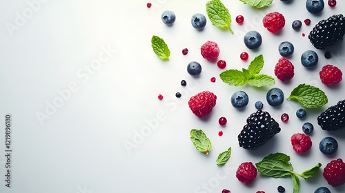 Assortment of fresh berries and mint leaves arranged on a white background. Perfect for healthy food concepts.
