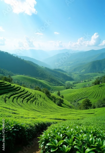Green tea field on rolling hills under bright sky
