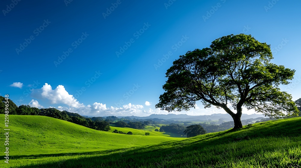 Obraz premium Solitary Tree on a Verdant Hillside Under a Bright Blue Sky