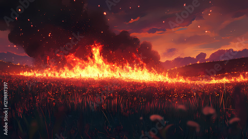 Blazing fire in a dramatic controlled burn. Blazing Meadow. Illustration