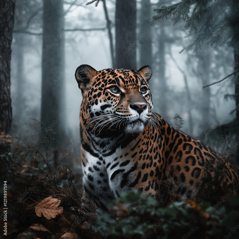 Obraz premium Majestic jaguar gazing upward in a misty forest setting, showcasing its beauty and power