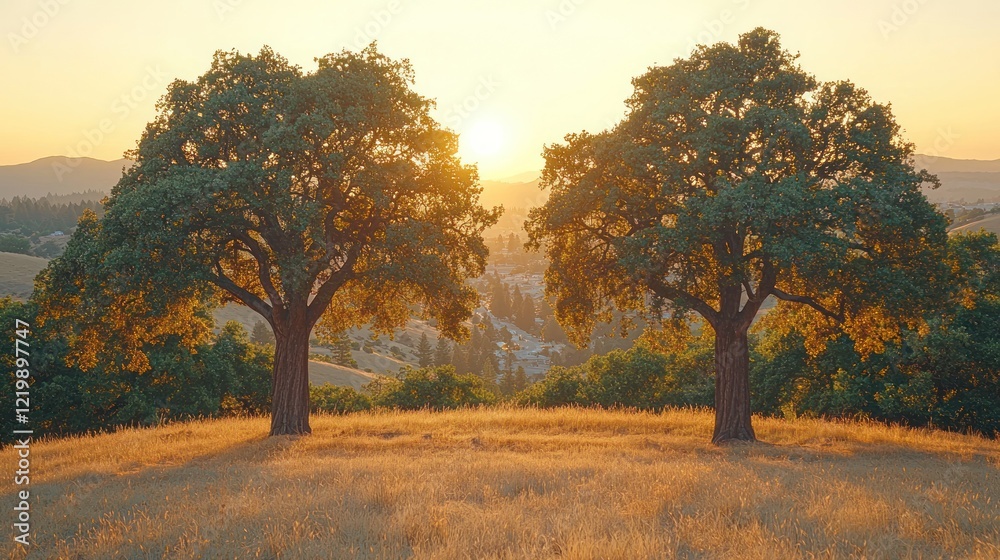 Golden Hour Serenity: Twin Oaks at Sunset Golden Hour Serenity: Twin Oaks at Sunset