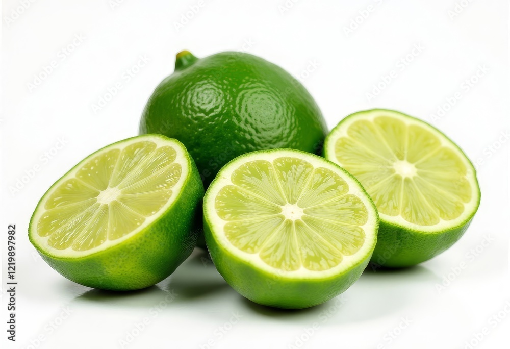 Three limes, one whole, two halves on white background Three limes, one whole, two halves on white background