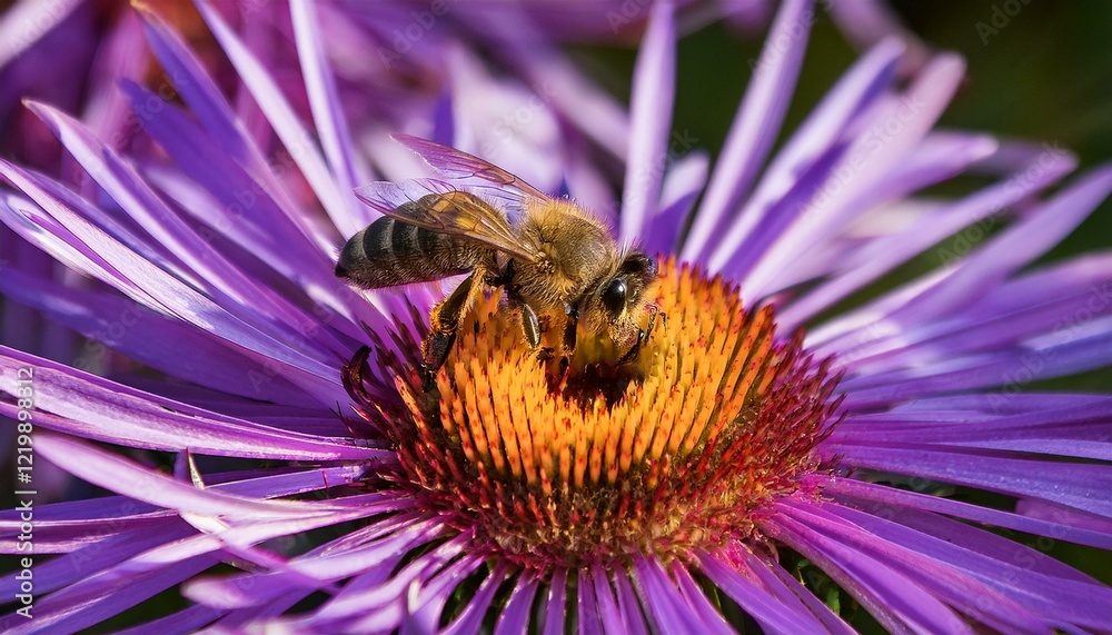 Honeybee collecting pollen from a vibrant purple flower. Honeybee collecting pollen from a vibrant purple flower.