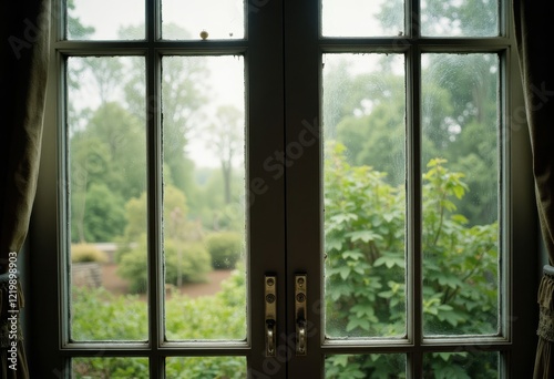 Window with brass handles view of green outdoor garden and curtains