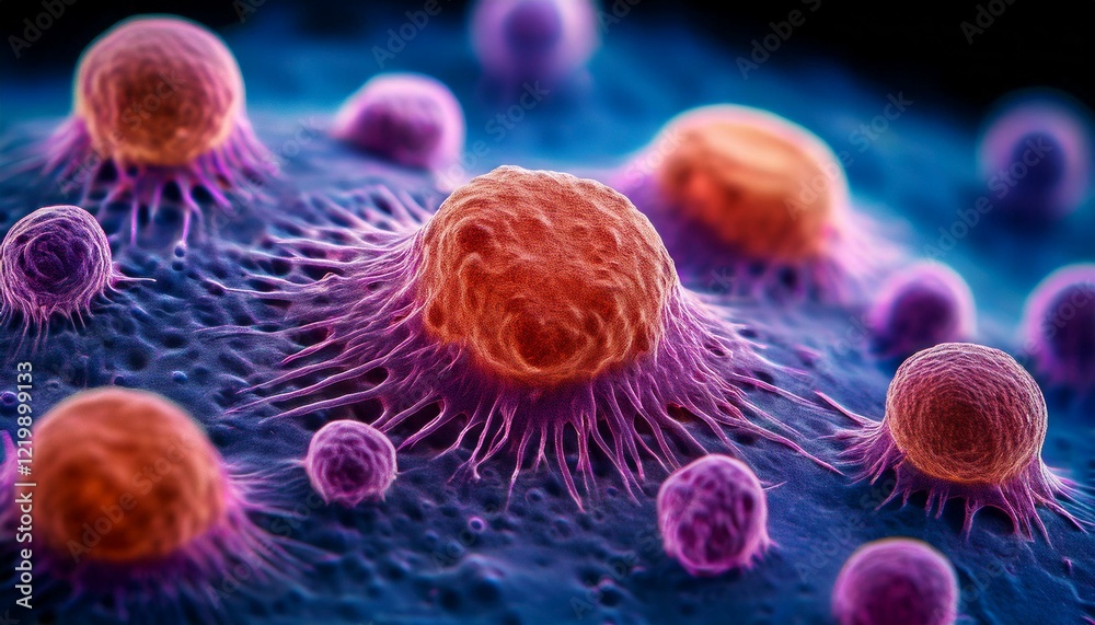 Microscopic view of cancer cells dividing and spreading.
