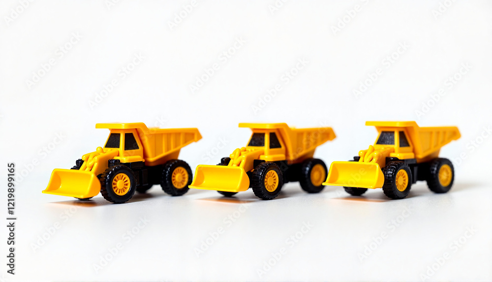 Set of three yellow toy construction trucks on a bright background Set of three yellow toy construction trucks on a bright background