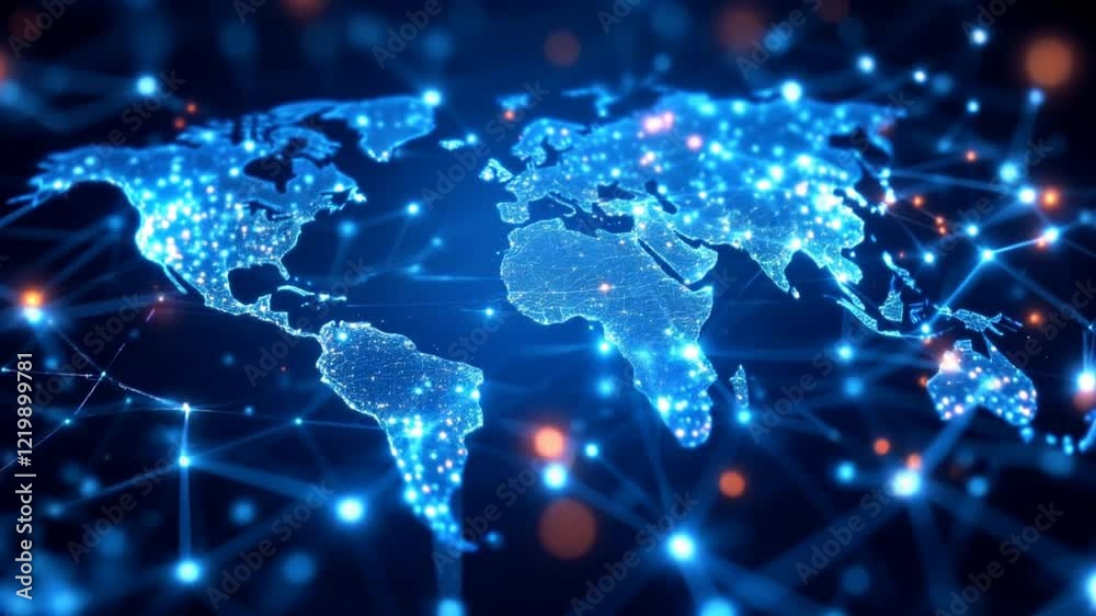 Global network connection, digital world map, data flow, bright nodes, technology background, website banner