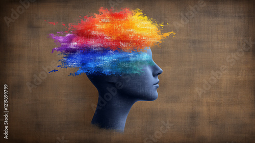 A profile view of an abstract head silhouette, with splashes of vibrant colors representing nature, erupting from the top of the head.