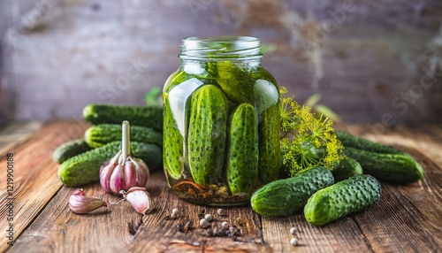 Homemade pickled cucumbers in a glass jar with fresh cucumbers and garlic.