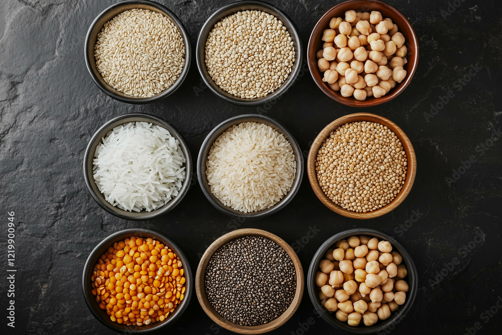 An overhead shot of various grains and legumes arranged in small bowls on a dark background. The different colors and textures highlight the variety of ingredients.
An overhead shot of various grains and legumes arranged in small bowls on a dark background. The different colors and textures highlight the variety of ingredients.