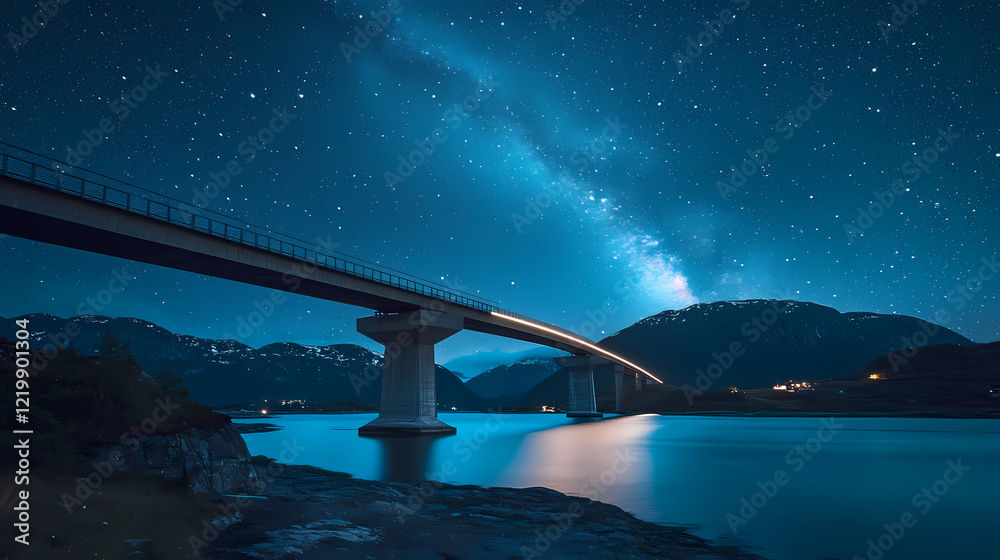 Fototapeta premium Long exposure reveals a celestial masterpiece over norway's halogaland bridge. Celestial Bridge. Illustration