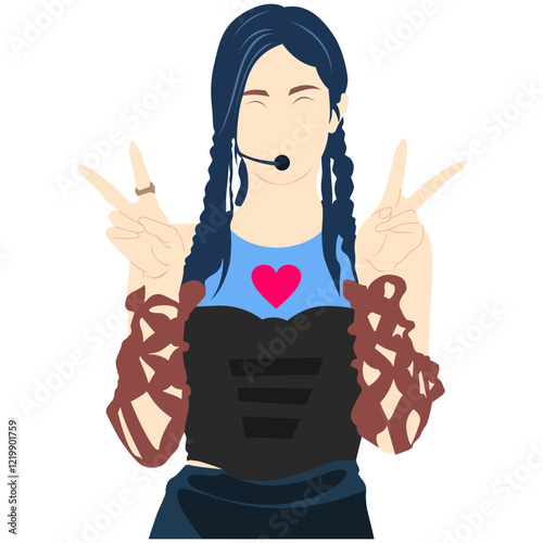 Flat vector illustration kpop idol dancing. Korean dancer performing choreography. Idol group female fashion model wearing black dress. Asian beauty model perform on stage. 