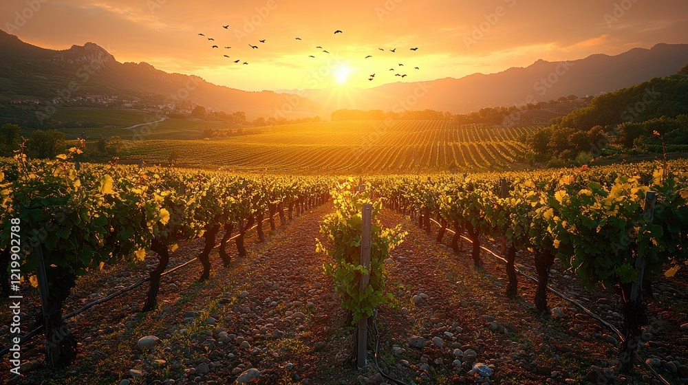 Fototapeta premium Golden Hour Vineyard: A Serene Sunset over Rolling Hills