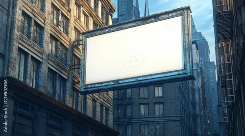 Blank billboard sign hanging on a city building.