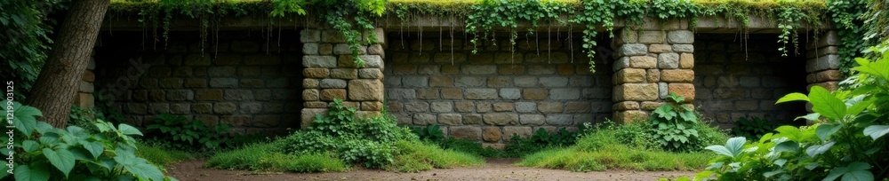 Crumbling stone walls with overgrown vines and moss, plants, forest Crumbling stone walls with overgrown vines and moss, plants, forest