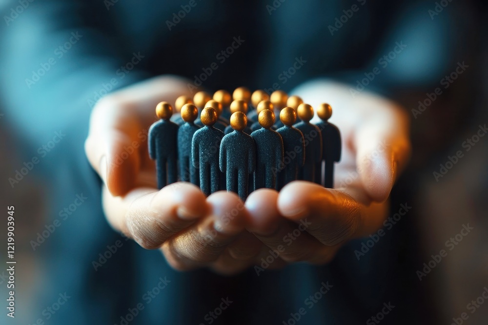 Nurturing Potential: A pair of hands gently cradles a group of miniature figures, each with a golden head symbolizing the promise and potential within every individual. Nurturing Potential: A pair of hands gently cradles a group of miniature figures, each with a golden head symbolizing the promise and potential within every individual.
