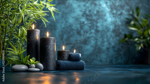 Candles and spa elements on a dark blue background perfect for wellness or relaxation themes A tranquil setting with black candles bamboo leaves smooth stones and grey