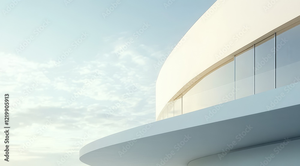 Fototapeta premium Modern architecture, curved white building exterior with large windows against a pale sky.