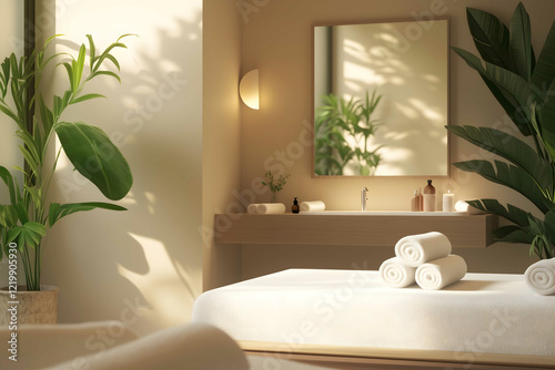 Luxurious spa room with soft lighting candles white towels essential oils and a relaxing ambiance neutral colors a few of little stems calm wellness atmosphere photo