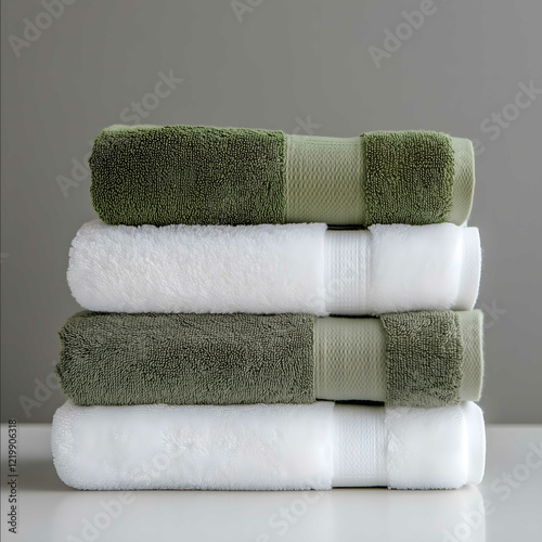 stack of towels white and green the camera is exactly at it level front view hard and volume daylight simple gray background