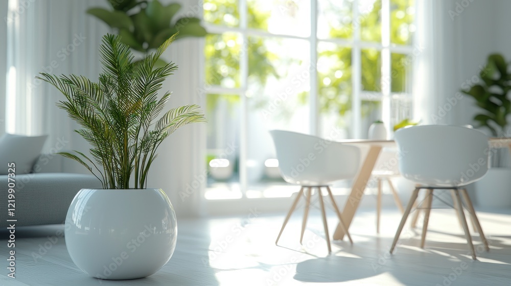 Fototapeta premium White room with plant and dining area.