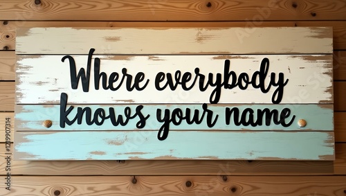 where everybody knows your name is displayed in black minimalist lettering across separate distressed wood planks in beach-inspired tones