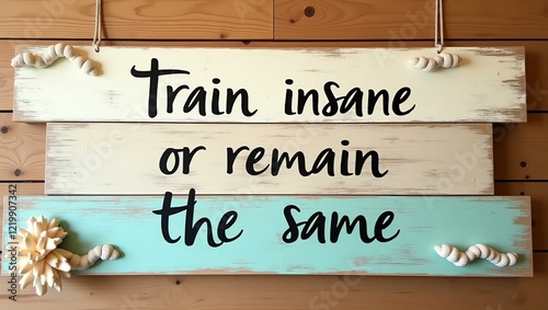 train insane or remain the same is displayed in black minimalist lettering across separate distressed wood planks in beach-inspired tones