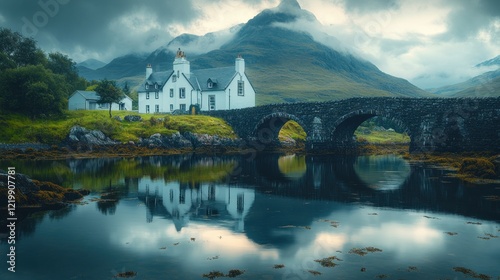 Fototapeta Naklejka Na Ścianę i Meble -  White house by a stone bridge reflected in a calm lake with mountains.