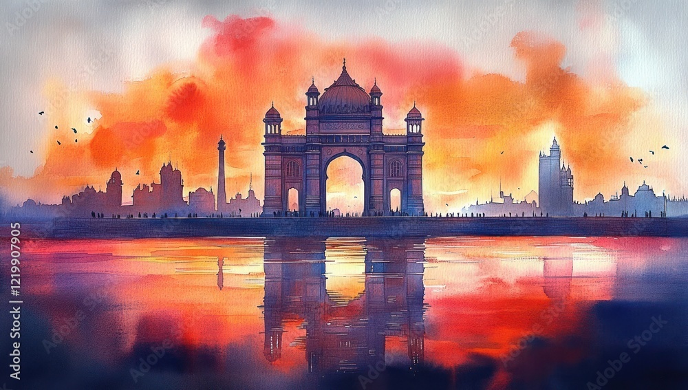 Obraz premium Vibrant Watercolor Painting of Gateway of India at Sunset