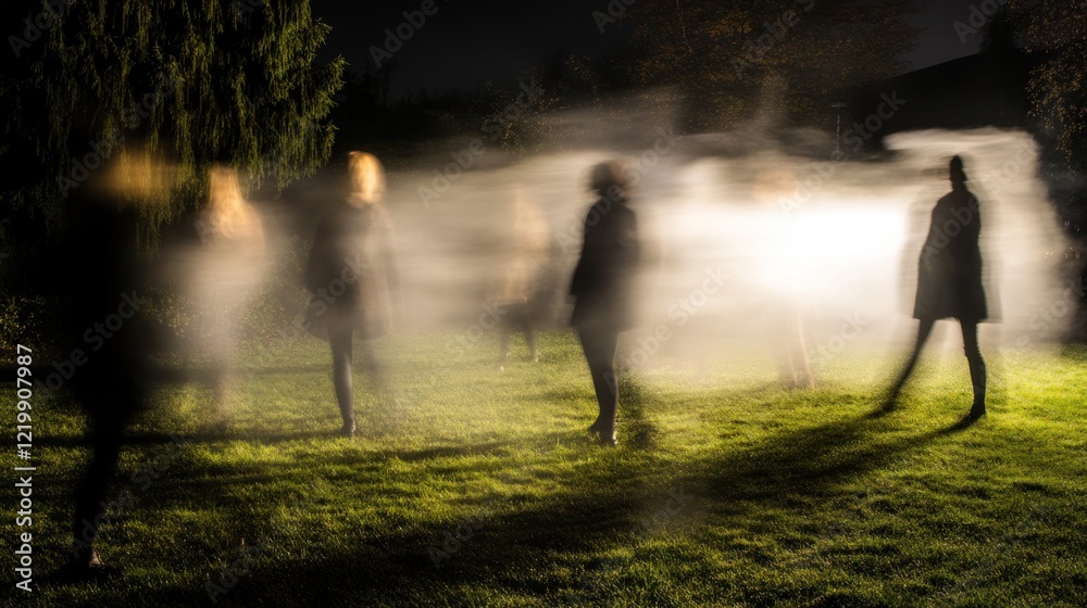 Fototapeta premium Ethereal Night Gathering: A Study in Motion Blur and Mystery
