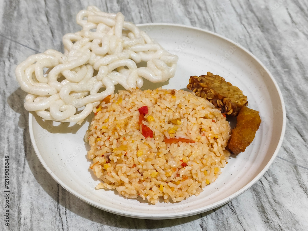 Fried rice, tempeh, crackers and fried chicken. Fried rice, tempeh, crackers and fried chicken.