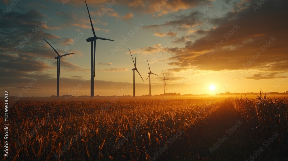 Obraz premium Wind turbines in cornfield at sunrise.