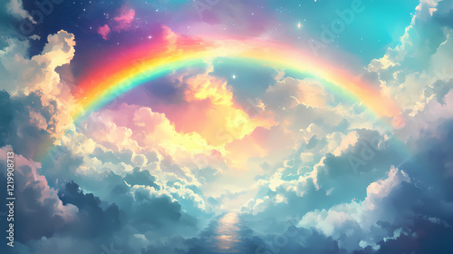 A serene scene featuring a radiant rainbow arching over a cloud-covered sky, with a path leading into a bright, hopeful horizon. Celestial Bridge. Illustration photo